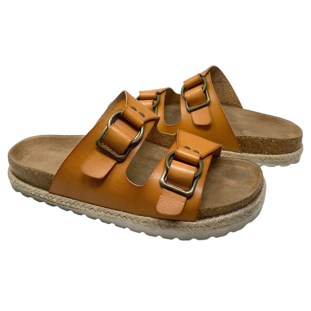 Time & Tru Sz 11 Brown Vegan Leather Chunky Lug Sole Buckle Slide Sandals